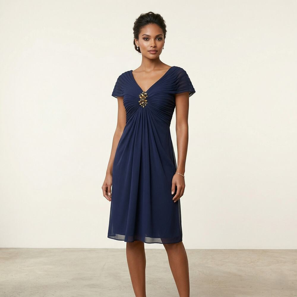 Tadashi Shoji Off Shoulder Dress Ruched Pleated Jeweled Brooch size 8
